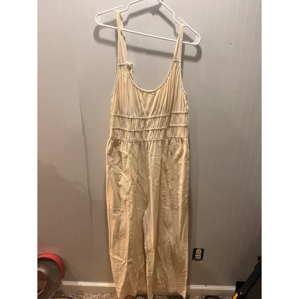 Davi & Dani Cream Beige Smocked Wide Leg Jumpsuit Large Tie Shoulder Sleeveless